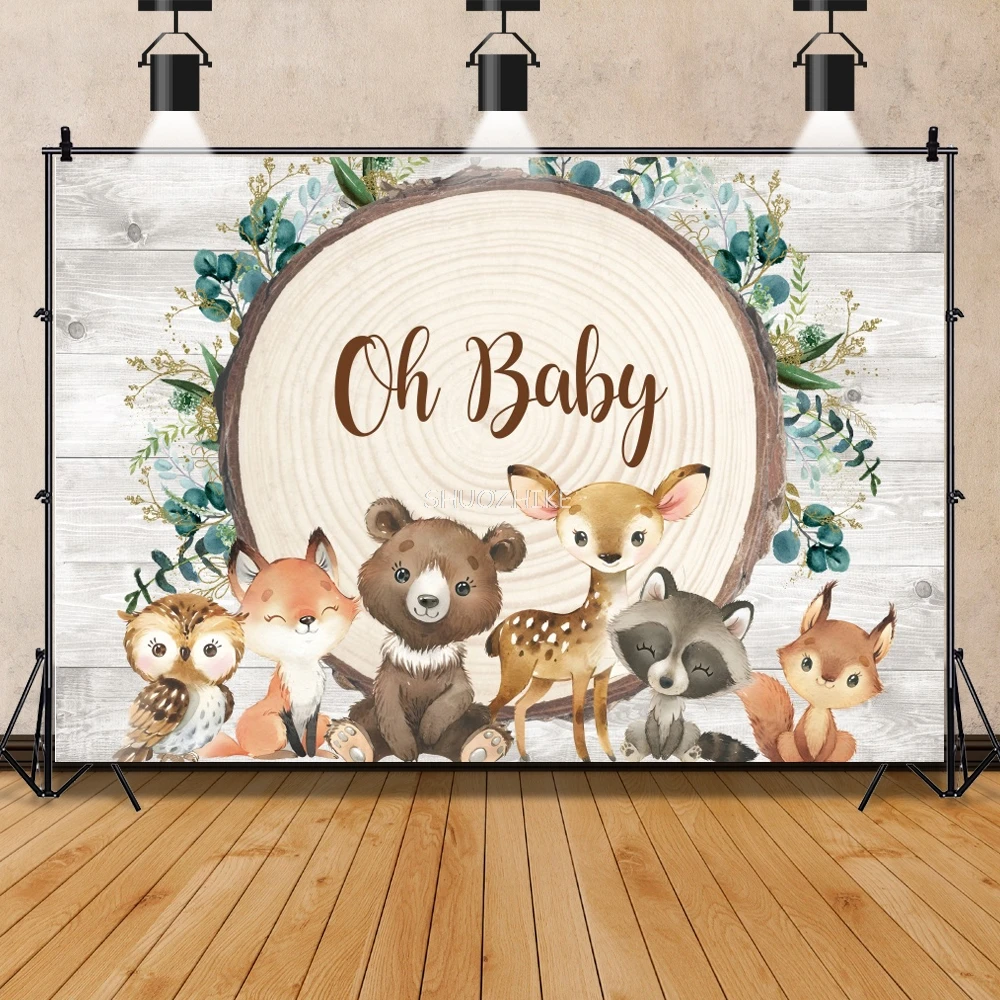 ไม้วันเกิดพื้นหลังสําหรับภาพสีน้ํา Fox ยีราฟ Safari Baby Shower ที่กําหนดเองแบนเนอร์โปสเตอร์ Party ฉากหลัง