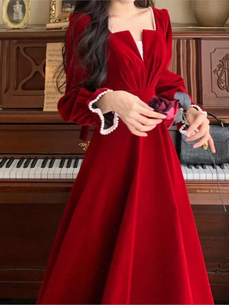 French Vintage A-line Wedding Party Dress Women Autumn Elegant Long Sleeve Backless Red Vestidos Mujer Princess Robe Spring New