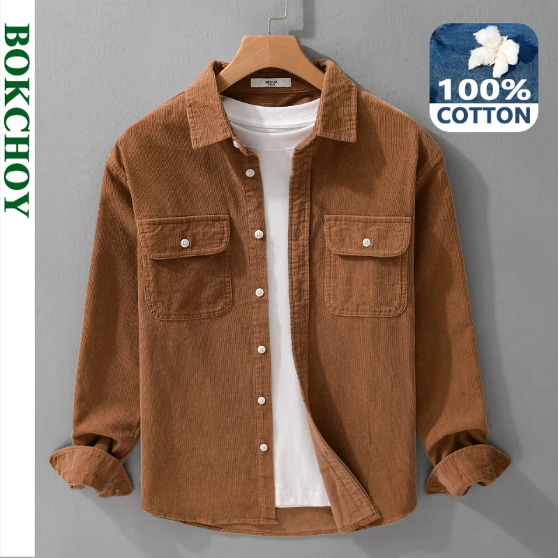 

Осень 2022, новая винтажная вельветовая рубашка-карго из 100% хлопка с длинными рукавами для мужчин, универсальная одежда с большим карманом FY9755