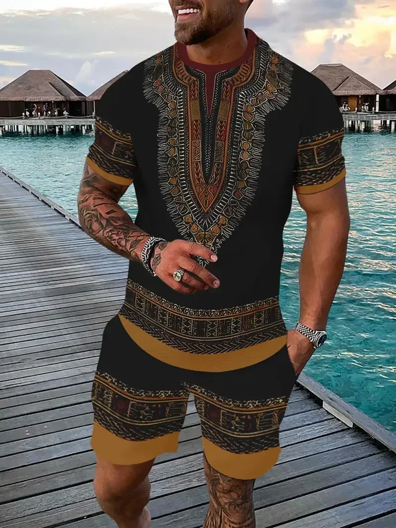 

Vintage Men's T-shirts Shorts Set 3D African Ethnic Style Print Casual Hawaiian Tees Suit Summer Men Women Tracksuit Outfit