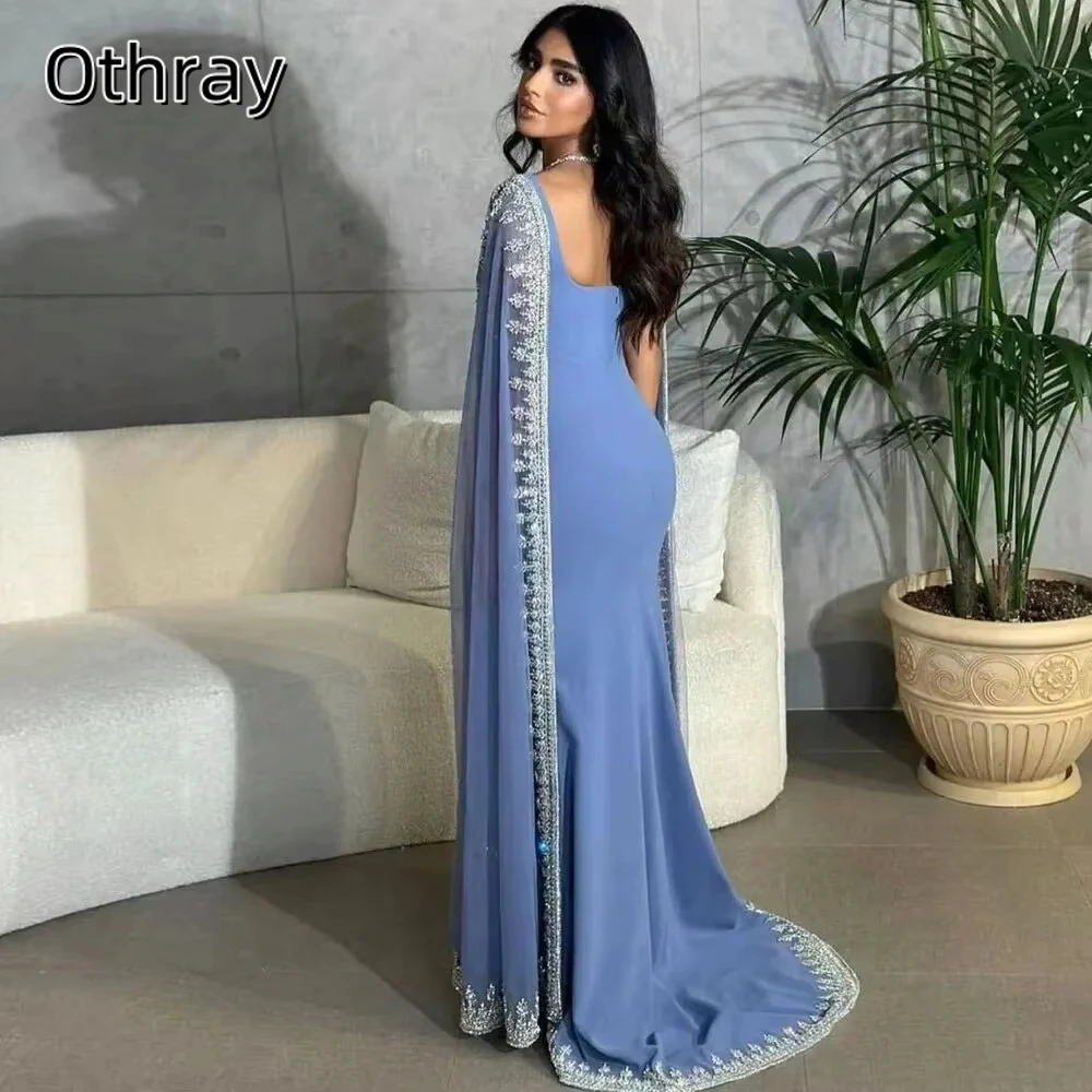 Othray-Robe de Rhcarrée longue en mousseline de soie, robe de soirée sirène sexy, châle en dentelle, train de balayage, tenue de soirée, quelle que soit l'Arabie