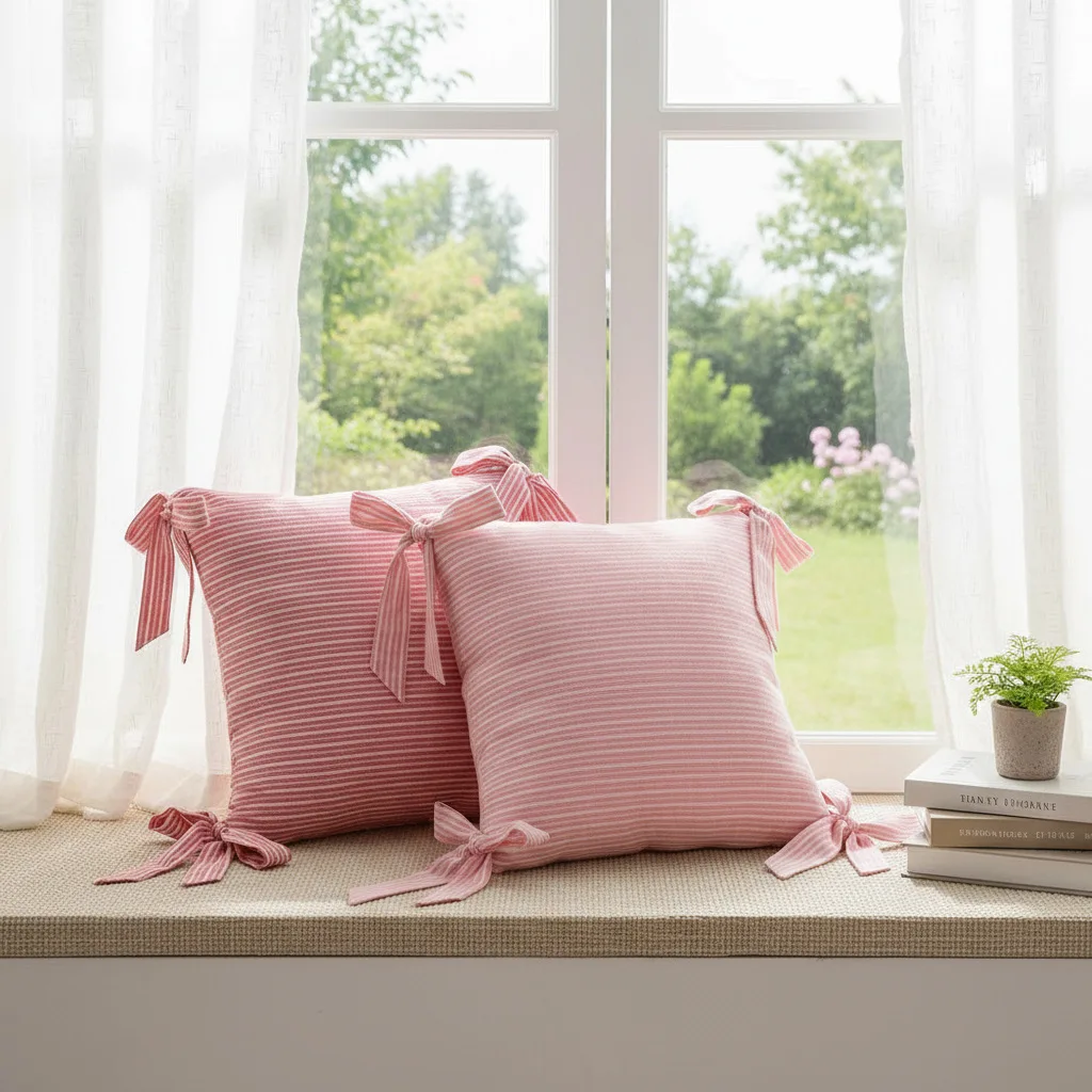 Striped Square Bow Pillowcase Korean-style Sweet Cute Living Room Sofa Cushion Cover Party Home Bedroom Decor
