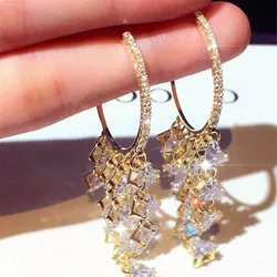 New Fashion Atmosphere Silver Needle Earrings Long Fashion Zircon Shining Geometric Earrings Earrings Women Jewelry Gift