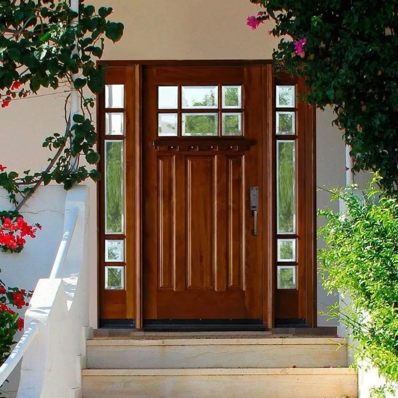 باب دخول خشبي على طراز حرفي مع مصابيح جانبية مقاس 12 بوصة، أرجوحة يدوية يسارية مسبقة التشطيب