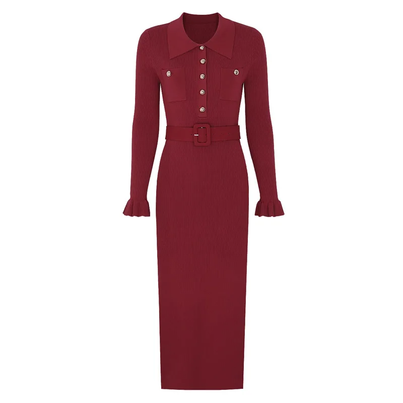 

Red Solid Women Knitted Cotton Dress Flare Sleeve Sheath Dress With Belt