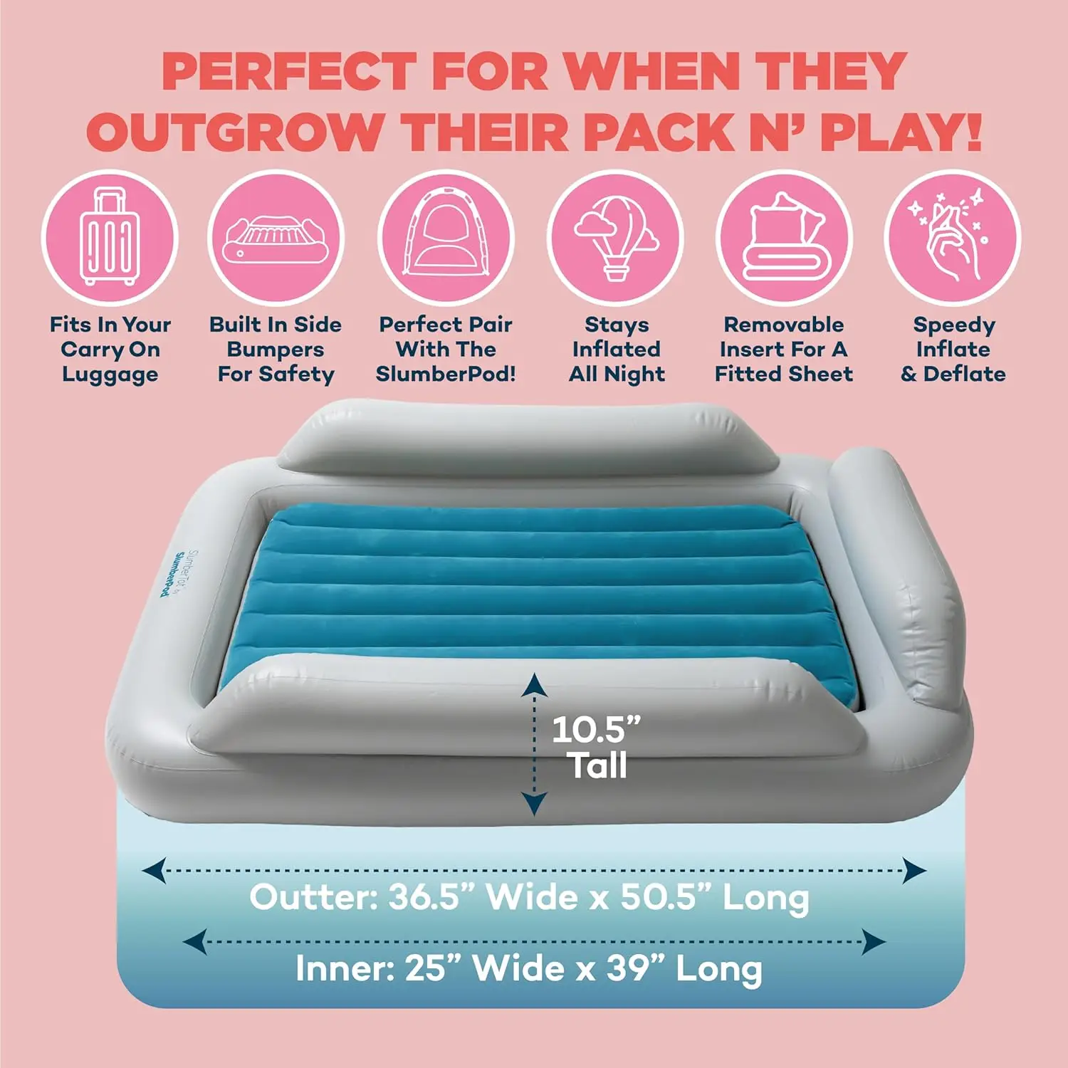 سرير سفر للأطفال الصغار قابل للنفخ مع مصدات أمان ومضخة كهربائية - مرتبة هوائية محمولة للمنزل أو أثناء التنقل