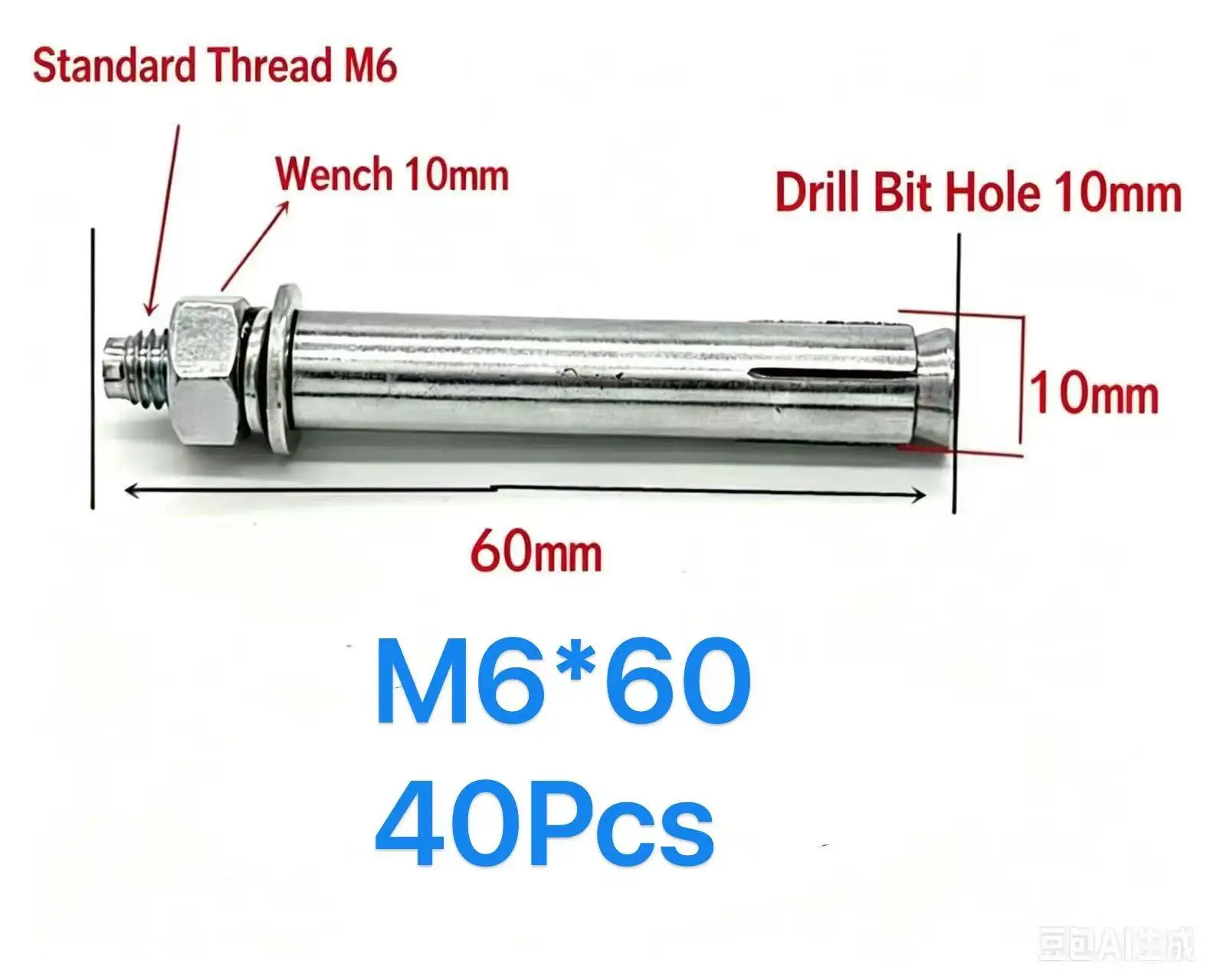 Hex Expansion Anchor Bolts M6*60,40Pcs Galvanized Sleeve Anchors for Concrete Brick Wall Mounting Fixing