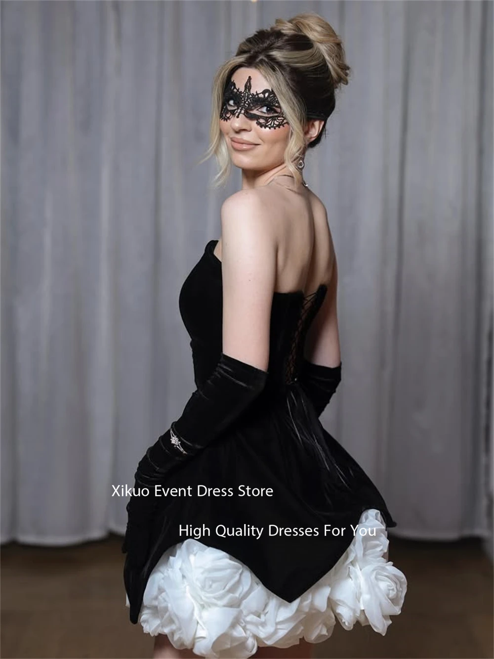 

Xikuo контрастного цвета с 3D цветочным подолом, платье для выпускного вечера, черное бархатное платье на заказ, мини-платье для встречи выпускников, 2026, по индивидуальному заказу