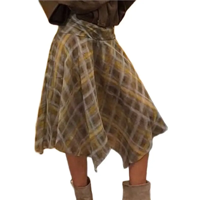 

CYL-Женская струящаяся юбка в клетку с асимметричным подолом, элегантная миди-юбка