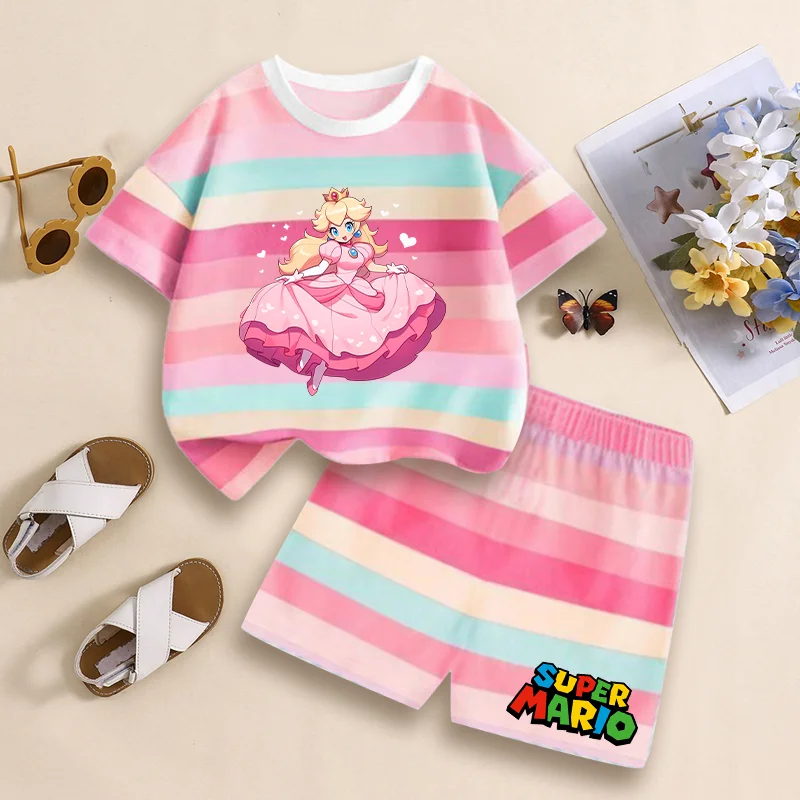 

Футболки унисекс Super Mario Bros + комплект с шортами, принт с принцессой Пич, мультяшный аниме-узор, короткие рукава, летняя одежда, подарки для вечеринок