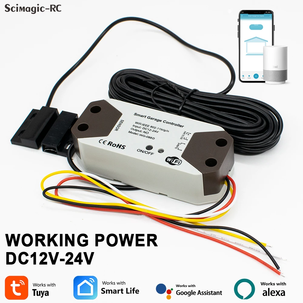 Tuya WiFi Smart Home Garage Door Opener Controller 12V 24V DC Remote Access With Sensor,Real Time Door Status Alexa Google Home