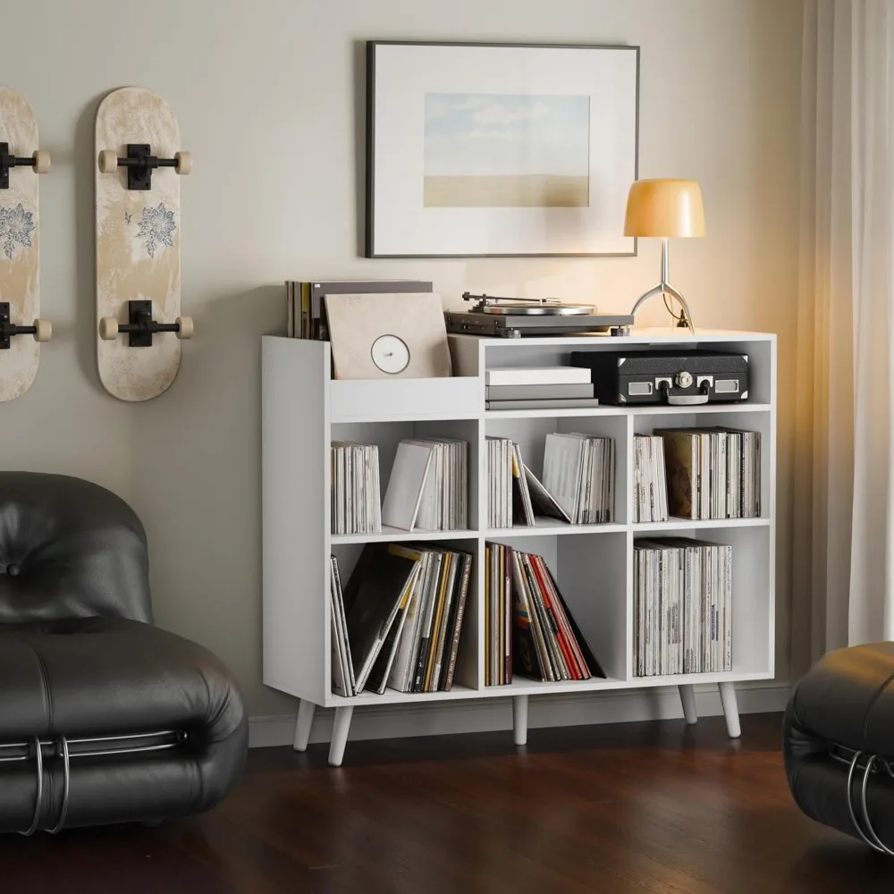 خزانة تخزين من الفينيل الحديثة لمنتصف القرن، حامل مشغل تسجيل كبير، طاولة وحدة تحكم الوسائط مع رف مفتوح #3