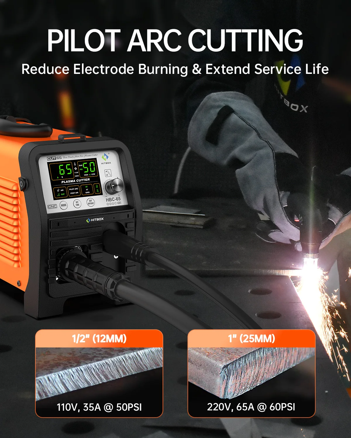 65Amp HITBOX Plasma Cutter HBC65 Non-HF Non-Touch Pilot Arc 25mm 110V/220V Dual Voltage IGBT Inverter 1/2