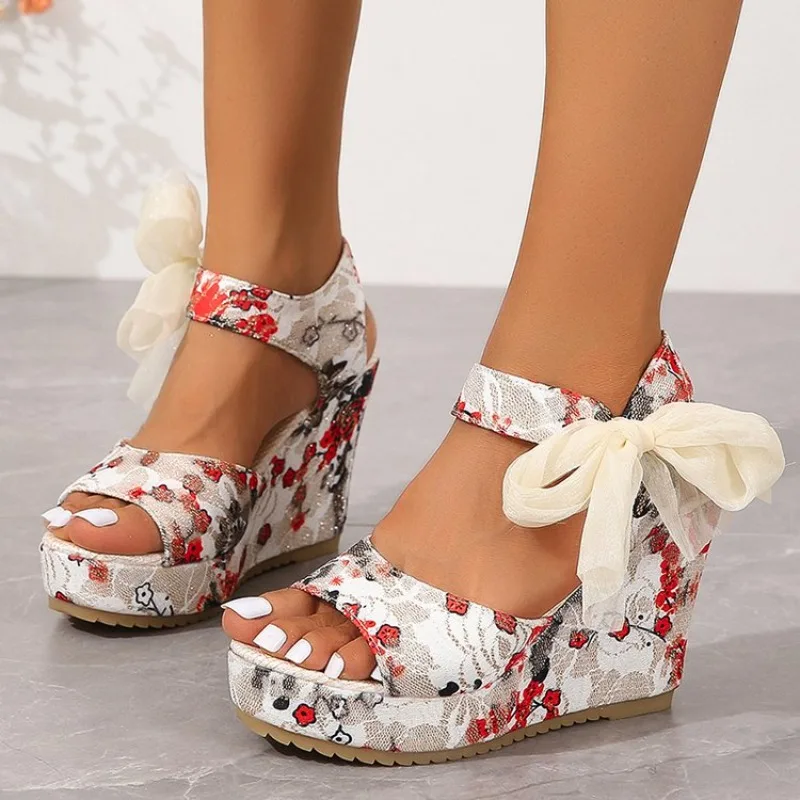 Sandalias de Mujer Talla Grande, Tacones Altos, Plataforma Gruesa, Diseño de Flores con Cordones, Estilo Coreano, Zapatos de Verano con Punta Abierta