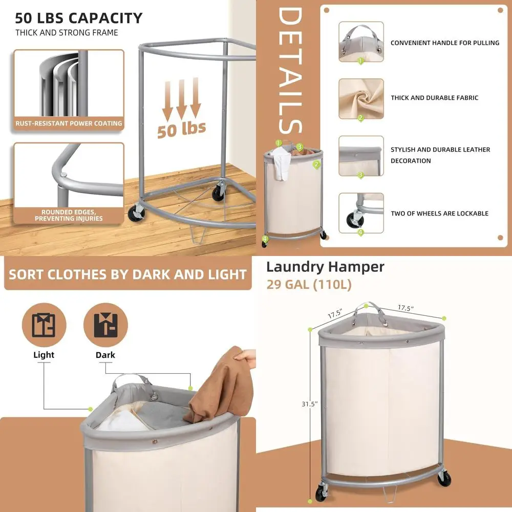 

Industrial-Strength 110L Rolling Laundry Hamper with Steel Frame and Removable Bag, Beige