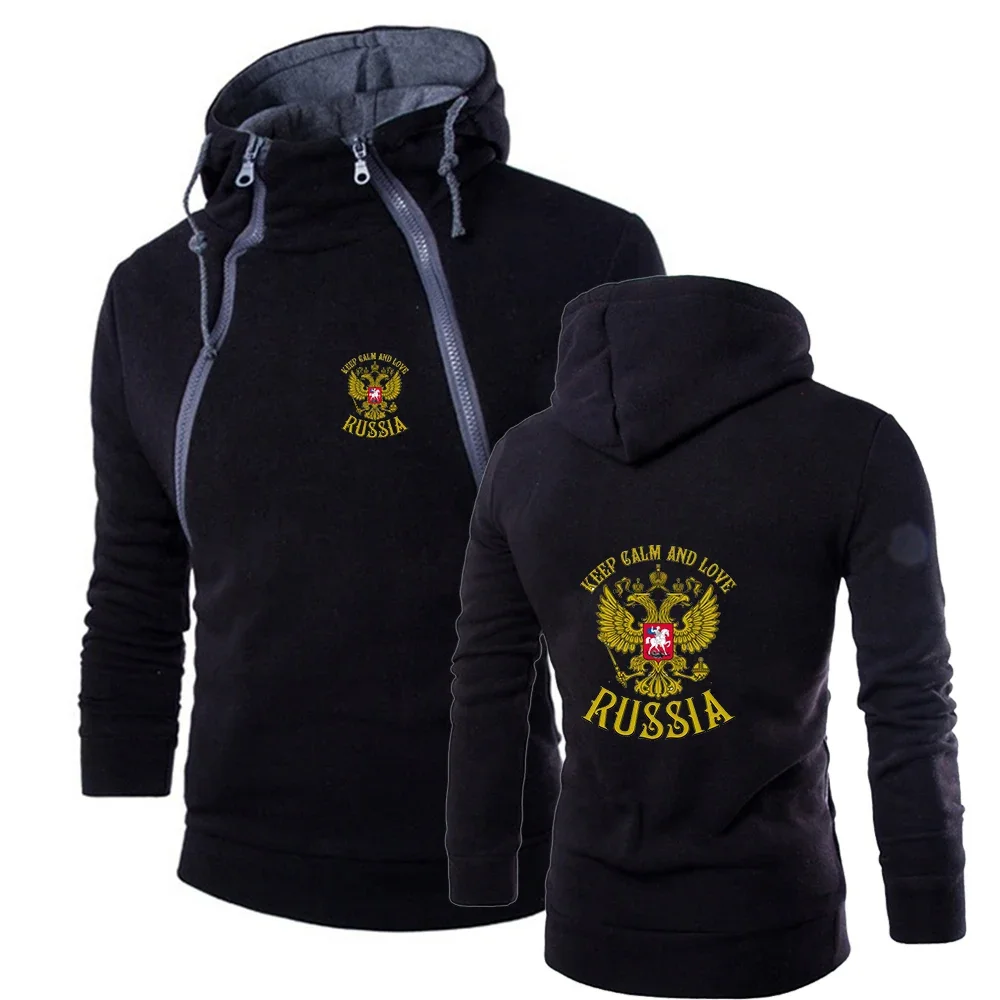 

Russia Badge Gold Eagle Print Men's Sweatshirt Hiphop Solid Double Zip Cardigan Patchwork Long Sleeve Hooded Pullover Sweatshirt