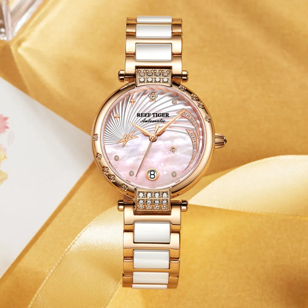 Reef Tiger/RT Brand Luxury Rose Gold Women Watch Diamond Polaris Dial Automatic Bracelet Watches New Love Galaxy RGA1592