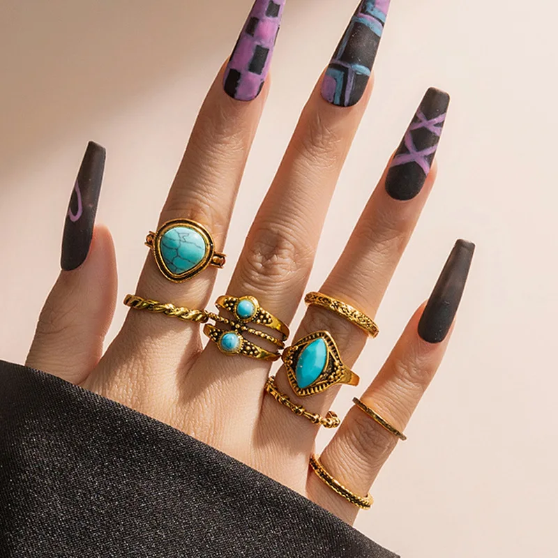 Turquoise ring set of 8 pieces does not fade niche wholesale European and American retro gold devil's eye bamboo ring