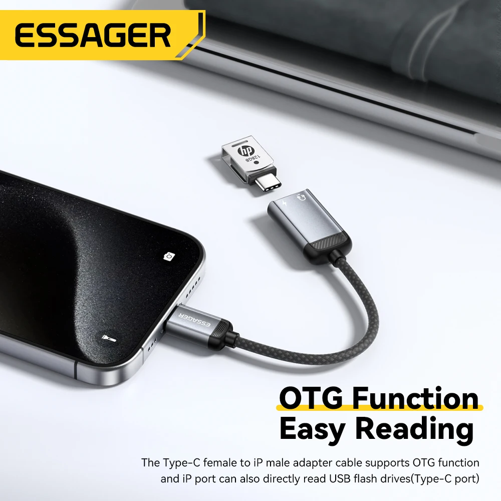 Essager نوع C كابل محول الصوت سماعة رأس Type-C أنثى إلى iP ذكر OTG محول آيفون 16 15 14 سامسونج شاومي آي باد ماك بوك