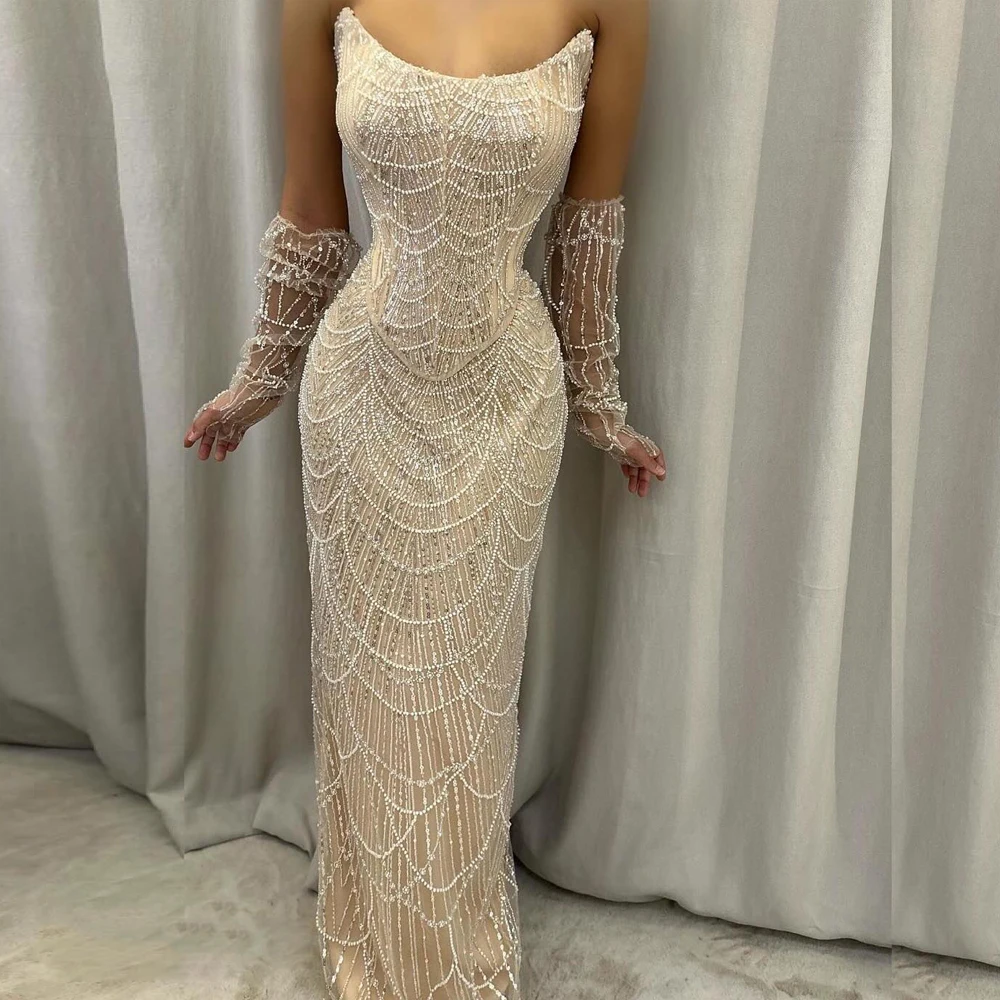 Elegant Champagne Beaded Pearls Mermaid Evening Dresses Sequined Strapless With Sleeves Formal Prom Party Gowns Vestido De Gala