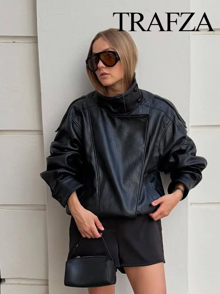 

HH Woman Autumn Elegant Asymmetric Button Pocket Long Sleeves Black Zipper Jackets Women Chic Street Style Loose Coats