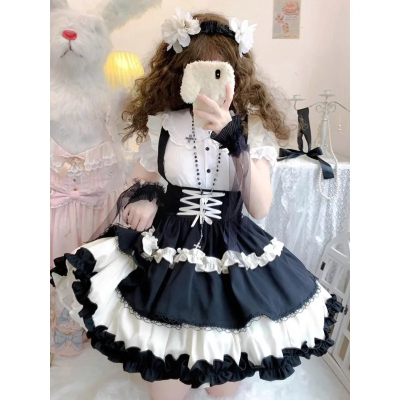 

Japanese Kawaii cute Lolita Strap Skirts Women maid 2000s American Vintage Clothing French Elegant Skirts Evening Party Chic New