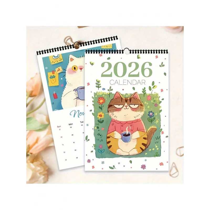 

Годовой календарь на 2026 год, календарь с рисунком кошки в мультяшном стиле — серия для домашних животных и кошек