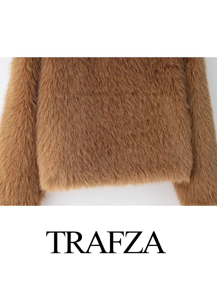 Trafza moda feminina inverno peludo turn down collar manga longa jaqueta feminina elegante quente zíper efeito de pele do falso casaco texturizado