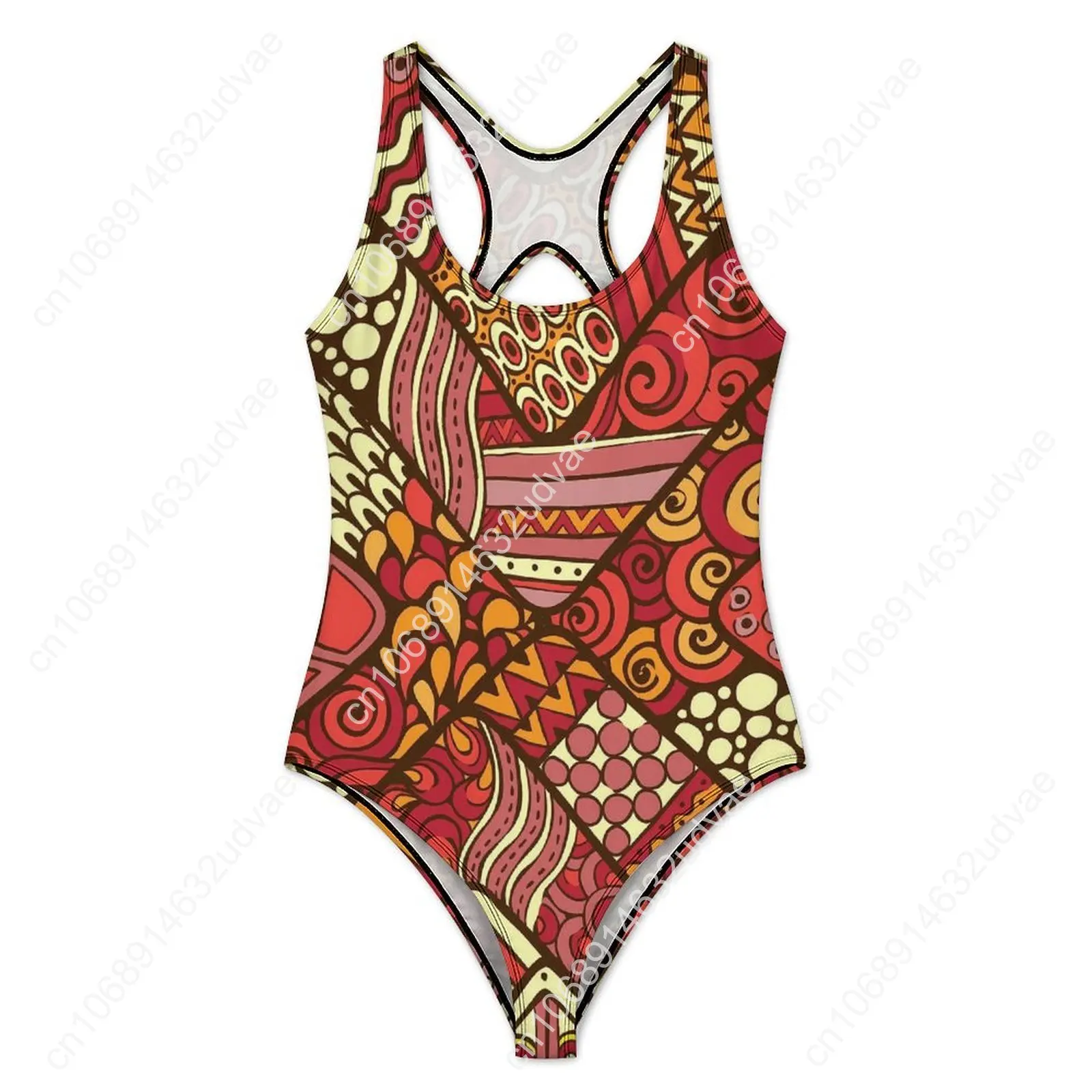 Traje de baño Tribal abstracto, traje de baño Sexy con estampado de parches rojos para mujer, traje de baño de una pieza a la moda para surfear, Monokini calado con realce