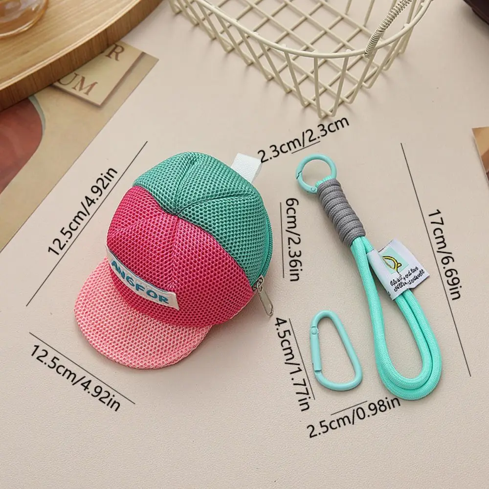 Keychain Hat Shape Coin Purse Decorative Anti Loss Creative Hat Mesh Pouch Zipper Closure with Handle Rope Headphones Organizer