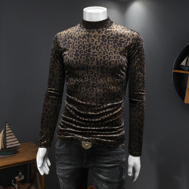 Leopard Print Turtleneck T Shirt For Men Long Sleeve Casual Slim Autumn Quality Velvet Soft Comfortable Tees Camisetas De Hombre