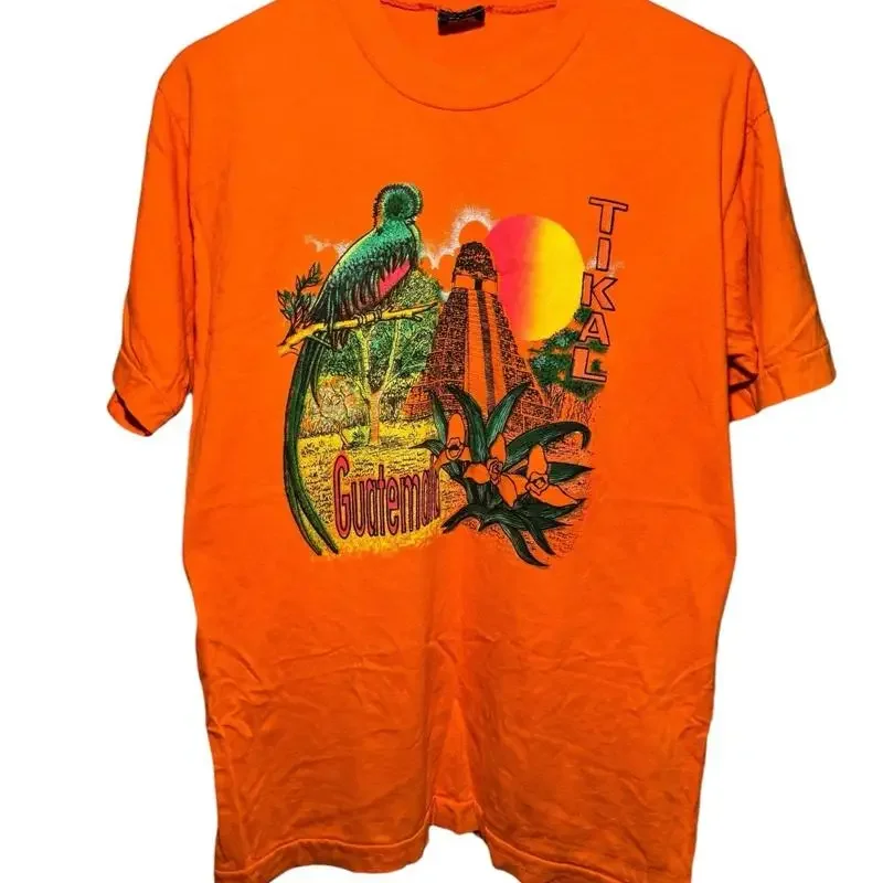 Camiseta vintage Tikal Guatemala para adulto, talla grande, color naranja, templo, pájaro, sol, años 70, 80