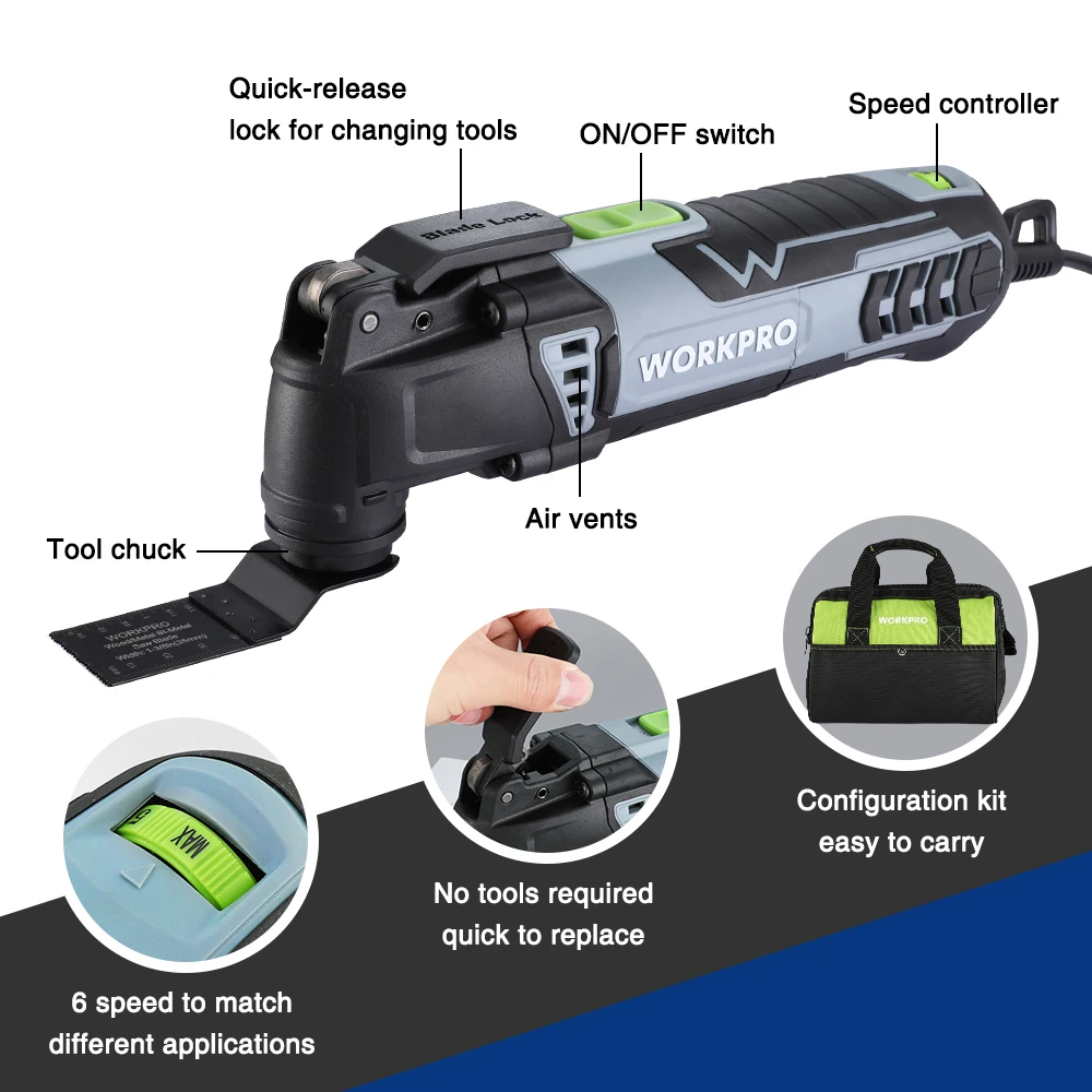 WORKPRO 300W Dao Động Nhìn Thấy Bộ Dụng Cụ Sửa Chữa Đa Năng Cho Gỗ Làm Việc Với Nhanh Chóng-Thay Đổi Lưỡi Dao 6 Biến Tốc Độ điện Nhìn Thấy
