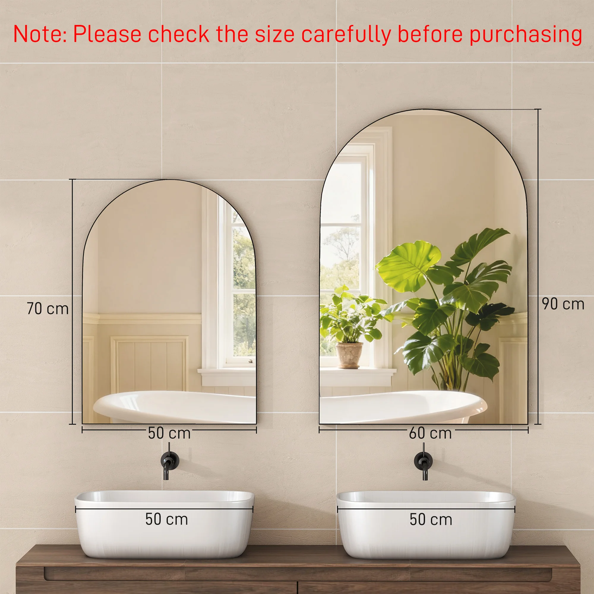HOMCOM Arch Bathroom Mirror, Wall Mirror with Steel Frame, 50 x 70cm, Black