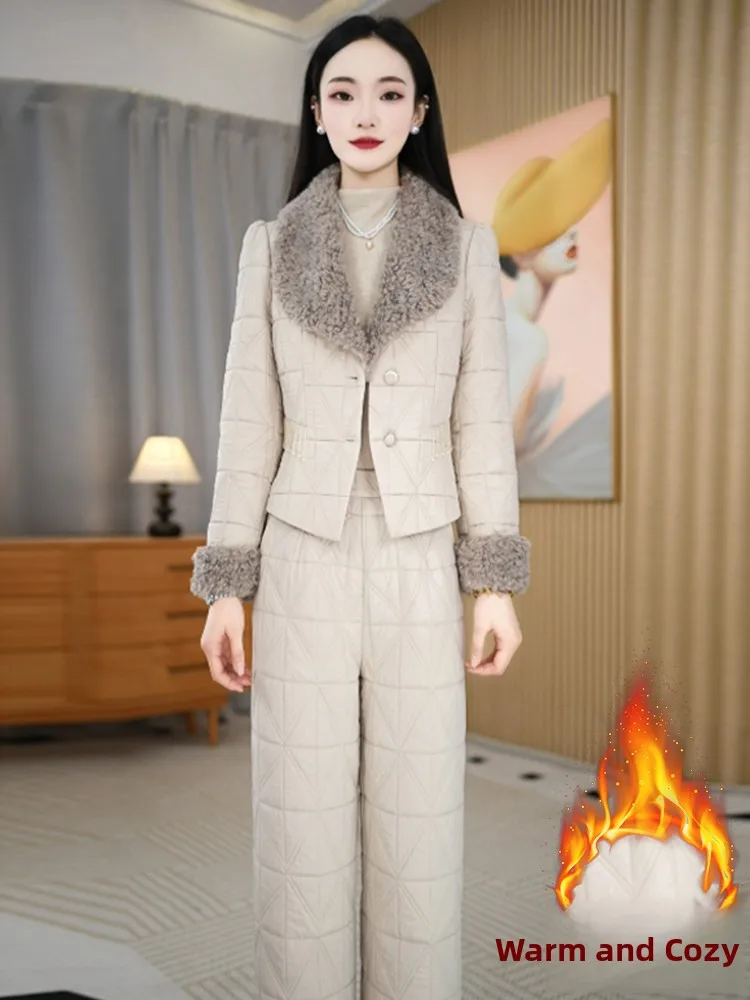 

Women's Thiened Fce Lined Cotton Jaet Outerwear And Wide Leg Pants Two Piece Set Winter Faion Casual Outfit