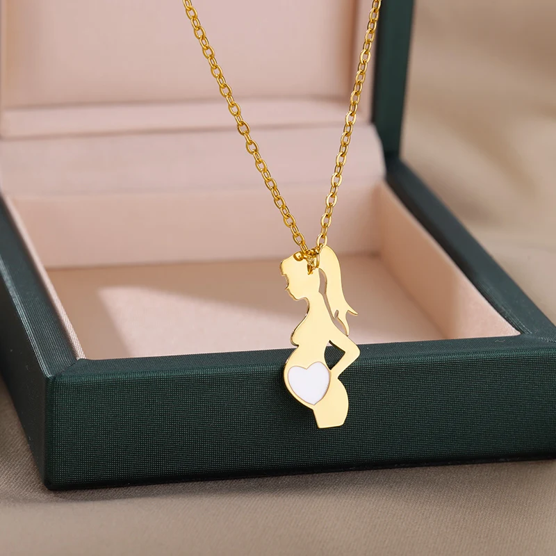 Vintage Baby Mother Mom Pendants Necklace Child Pregnant Heart Gold Color Stainless Steel Chain Gift For Women Jewelry