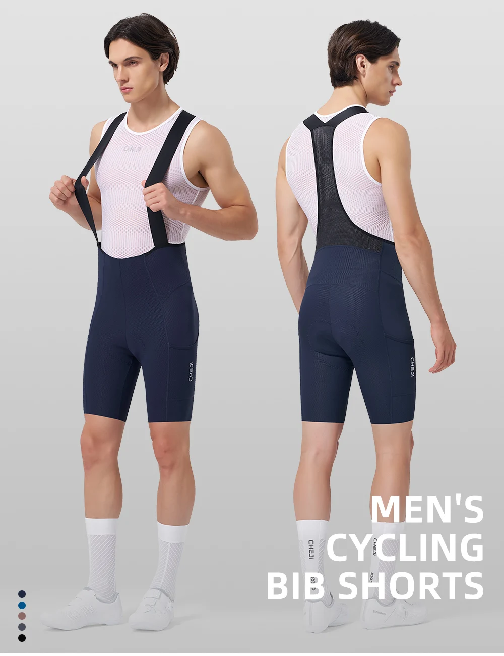 CHEJI Herren Radsport-Trägerhose mit Seitentaschen, nahtlosen, rutschfesten Beinmanschetten, gepolstert für 7 Stunden Fahrt auf Straßen- und MTB-Fahrrädern. – Detail 1