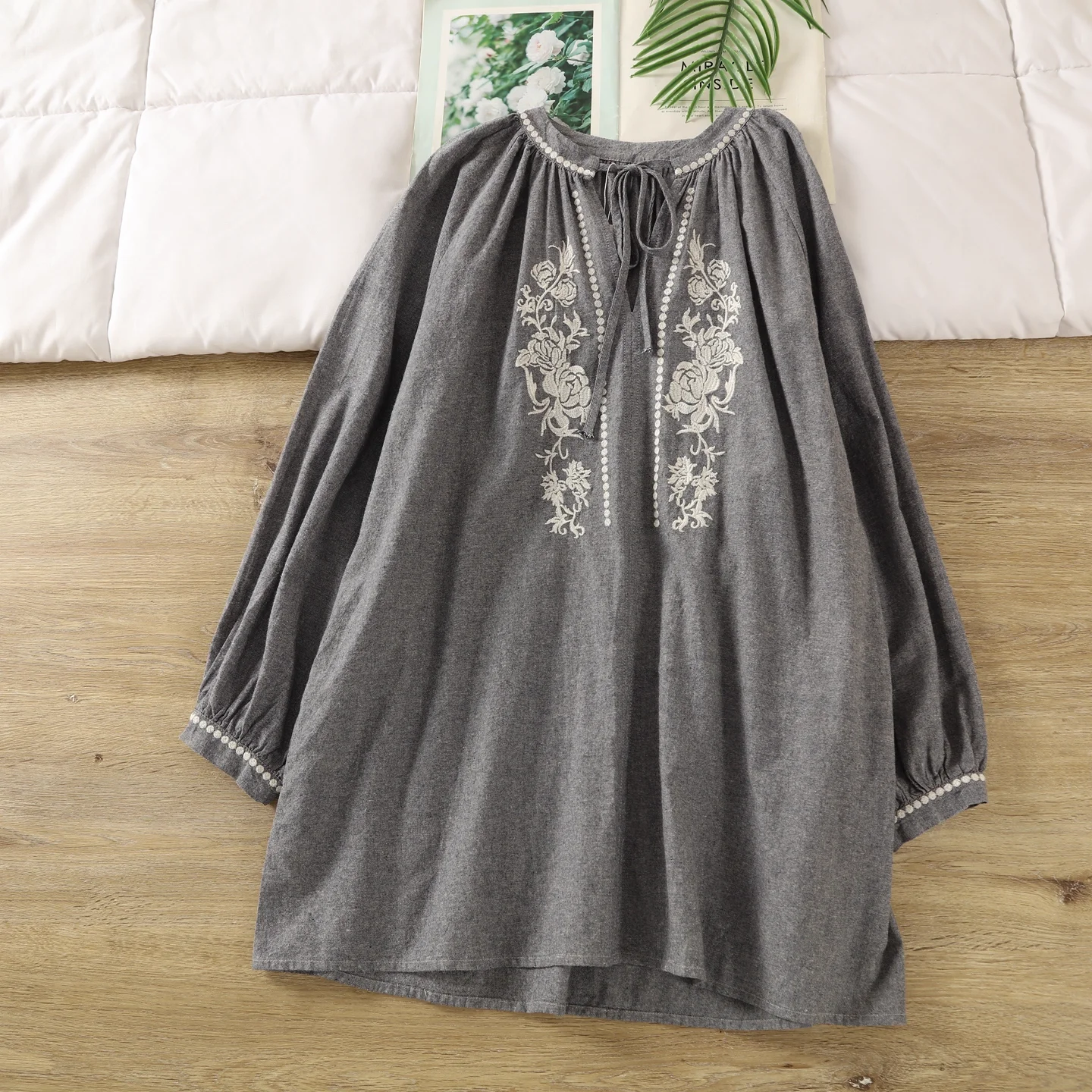 

Bust 128cm Plus Size Ethnic Embroidered Shirts and Blouses Women Autumn Vintage Japanese Style Boho Chic Loose Shirts