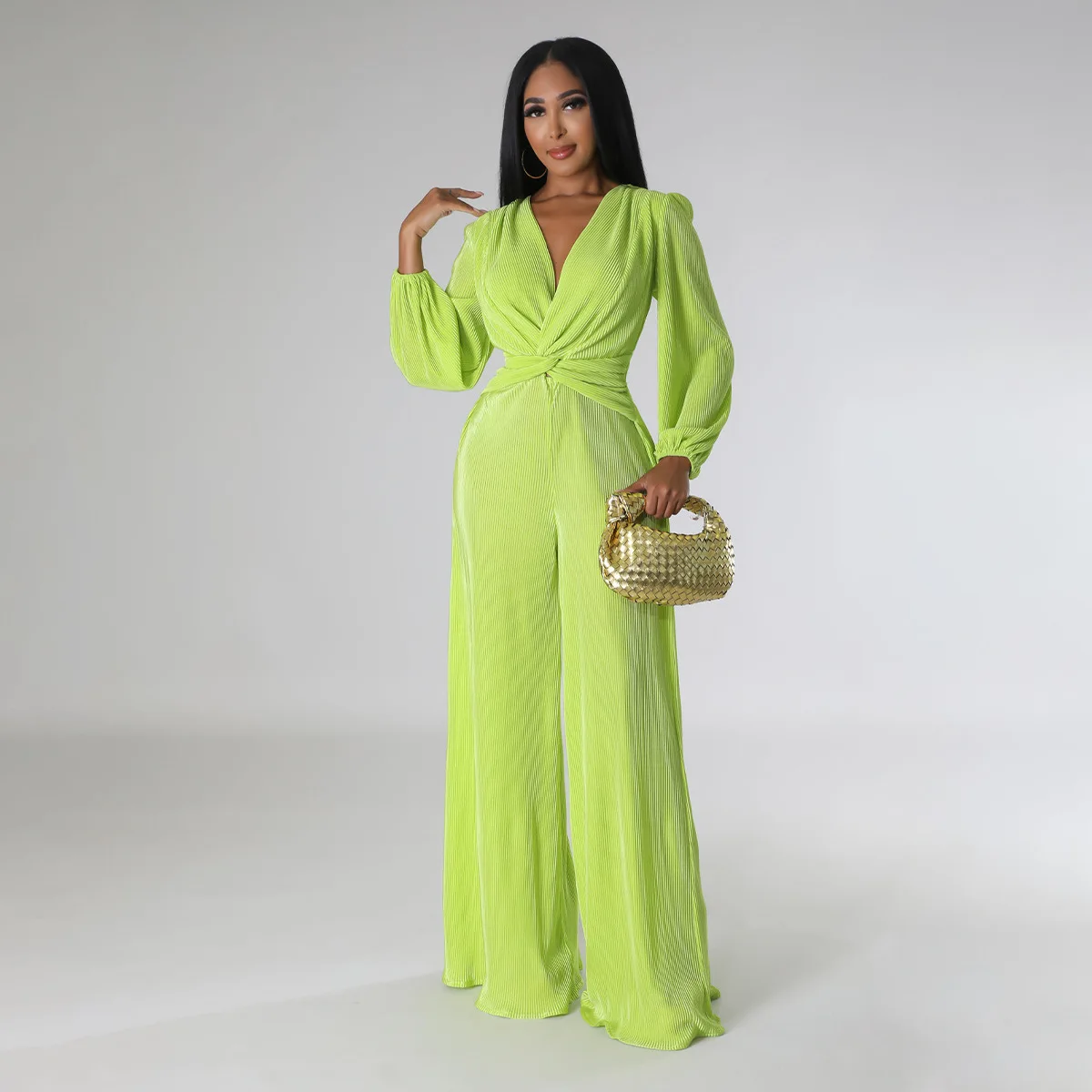 

Elegant Women Jumpsuit Sexy Deep V-Neck Solid Full Sleeve Pleated Wide Leg Pants One Piece Night Club Party Romper Playsuits