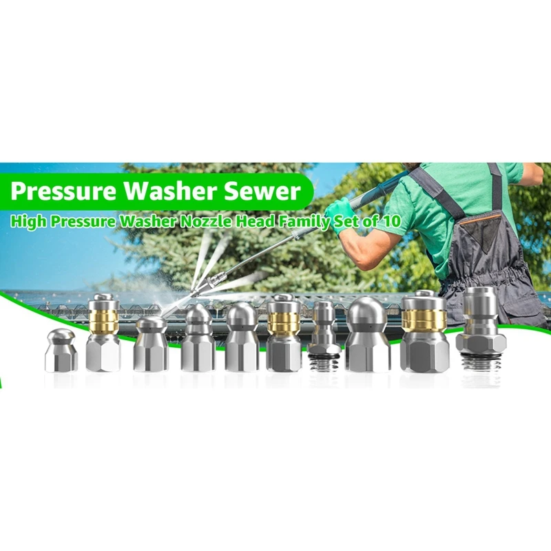 A03F 10 Pcs Sewer Jetter Nozzle Set, 1/4 & 3/8 Inch NPT Quick Connectors, 5000 PSI Stainless Steel, for Pressure Washer Drain