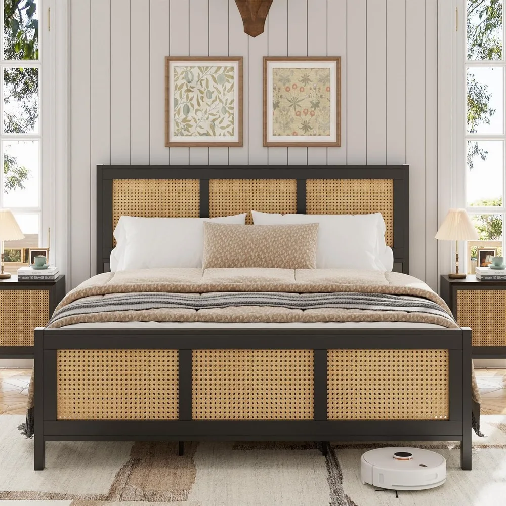 

Full Size Rattan Bedstead with Headboard, Black Bohemian Rattan Platform Bedstead with Solid Metal Flat Noodles