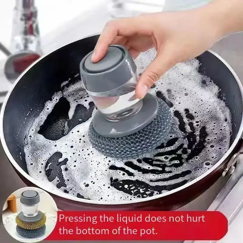 Kitchen Soap Dispensing Palm Brush Automatic Liquid Adding PET Ball Pot Brush Cleaner Push-type Brush Kitchen Detergent Tools