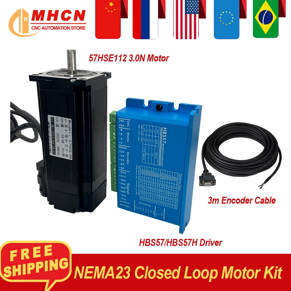 Nema23 Close Loop Stepper Motor Kit 3.0N 3A 57HSE112 Motor+ HBS57H /HBS57 Servo Driver 24-80v + 3 Meters Encoder Cable for CNC