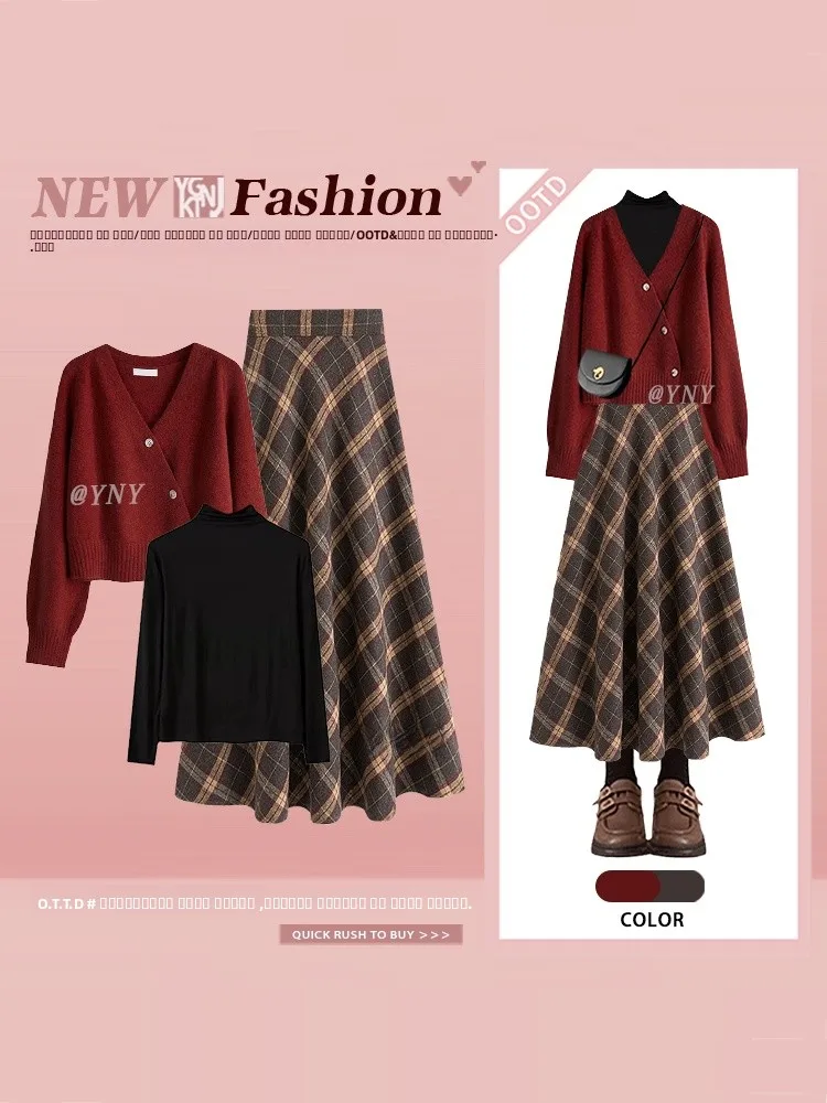 

Retro Knitted Cardigan And Plaid Skirt Set Women's Autumn Winter Slimming Fashion Ensemble Long Sleeve round Neck Loose Fit