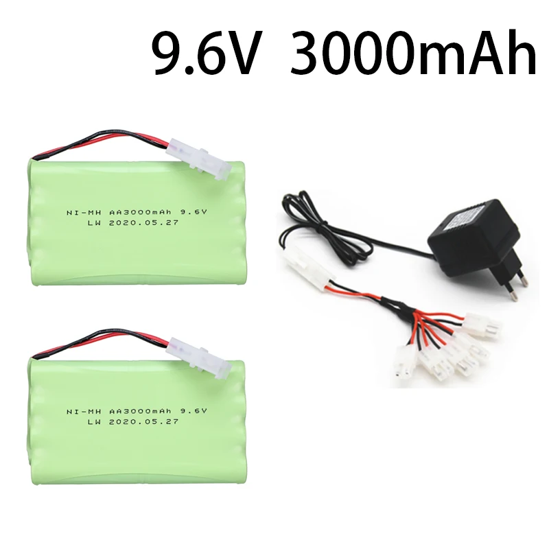 Conjunto de bateria recarregável e carregador, AA Ni-MH, 9.6V, 3000mAh, apto para brinquedos RC, carro, barco, tanque, robôs, arma, 2400mAh