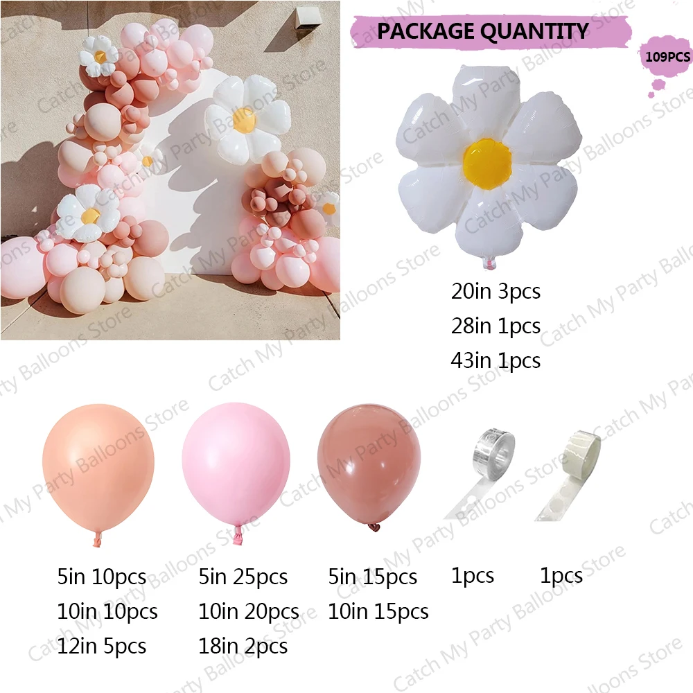 109pcs White Flower Daisy Theme Arch Garland Balloons Macaron Pink Peach Latex Ballon Kits Woman Birthday Anniverary Decor Gifts