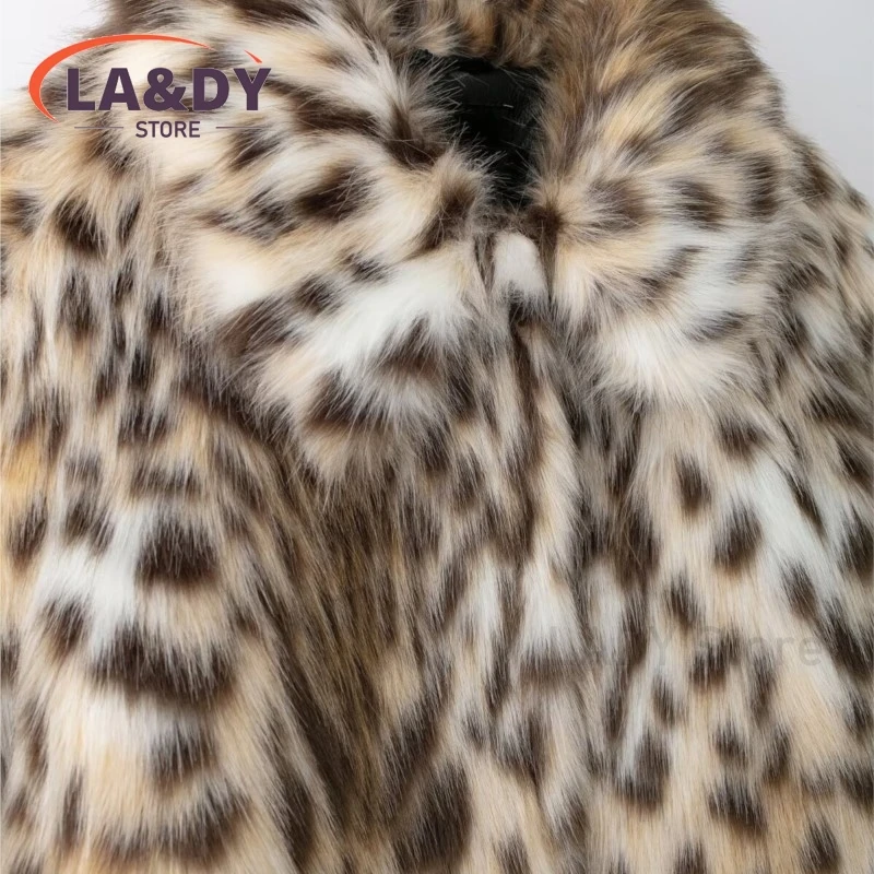 2024 Winter Women Fashion Leopard Print Thickening Faux Fur Jackets Female Casual Long Sleeve Warm Outerwear Tops