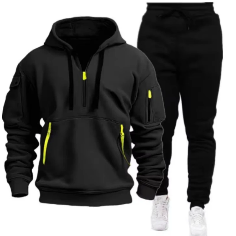 Men's Leisure Sports Pullover Multi Zipper Arm Pocket Hoodie Set Autumn/Winter Fashion  Hoodie Men's Loose Coat Pants Suit