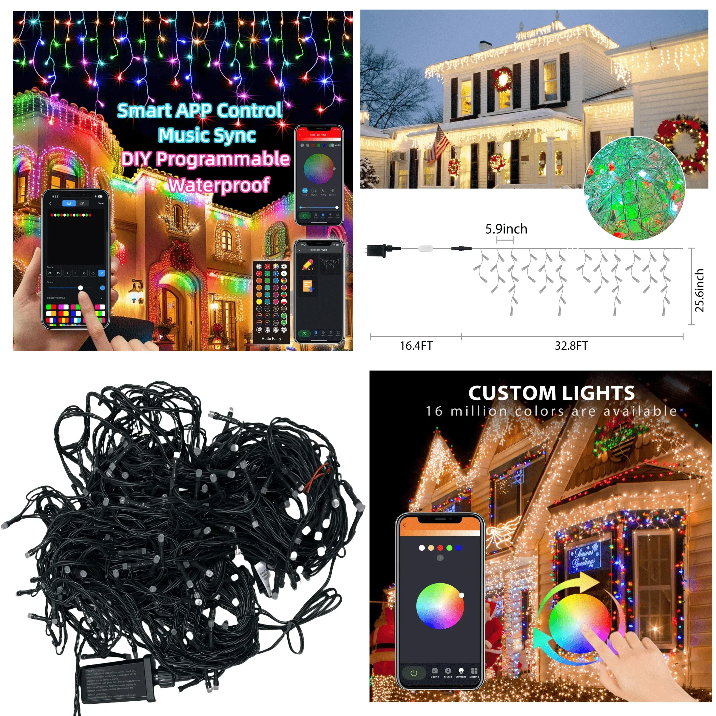 Outdoor Waterproof LED Curtain Lcicle Lights Smart APP DIY Remote RGBIC Fairy String Lights Christmas Decoration Yard Eave Light