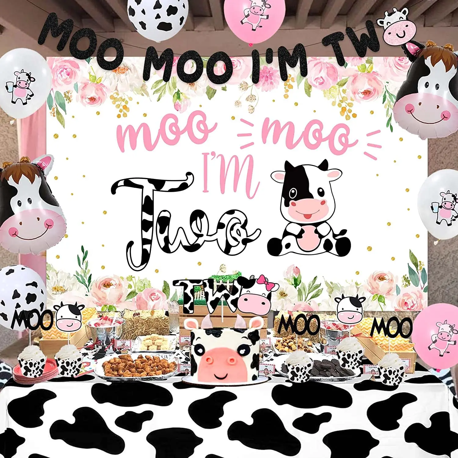 Imagem -03 - Decorações de Aniversário de Vaca para Menina Moo eu Sou Dois Banner Backdrop Balão de Vaca Pink Farm Animal Second Birthday Party Decor